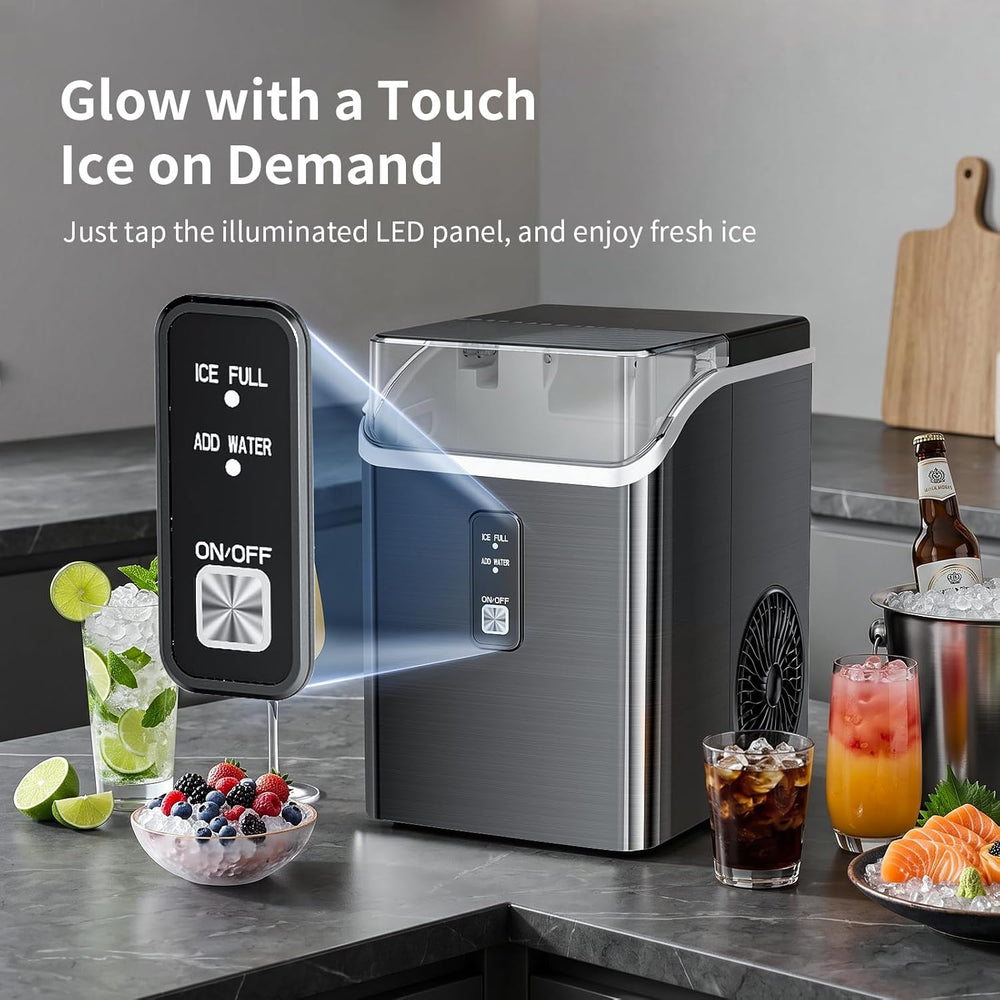 Ice maker on a kitchen counter with drinks and snacks, featuring text 'Glow with a Touch Ice on Demand'.