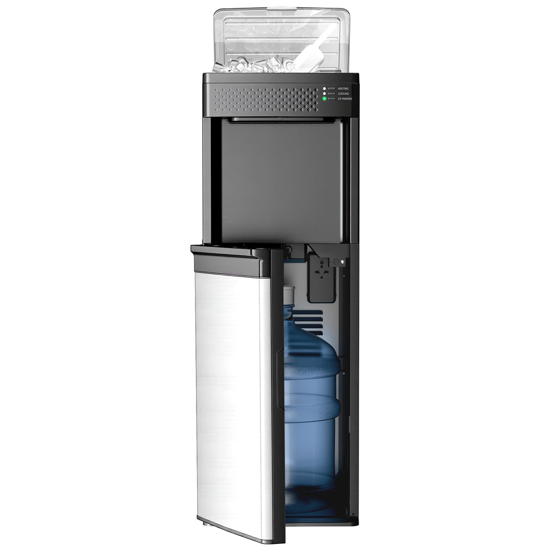 A tall water dispenser with a stainless steel lower cabinet door, black upper body, clear ice tray, and visible blue water bottle reservoir, shown on a plain white background.