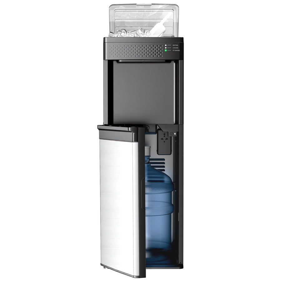 A tall water dispenser with a stainless steel lower cabinet door, black upper body, clear ice tray, and visible blue water bottle reservoir, shown on a plain white background.