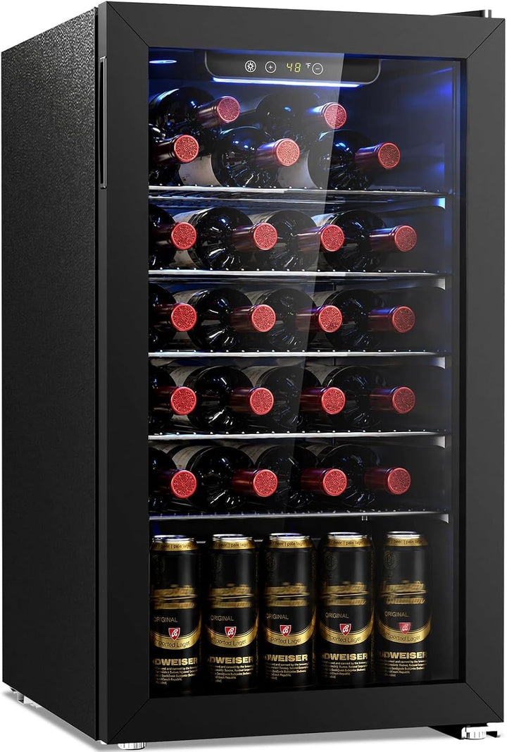 A black wine cooler with a glass door, illuminated by blue interior lighting. The cooler is stocked with wine bottles showing red labels and several cans of beer on the bottom shelf.