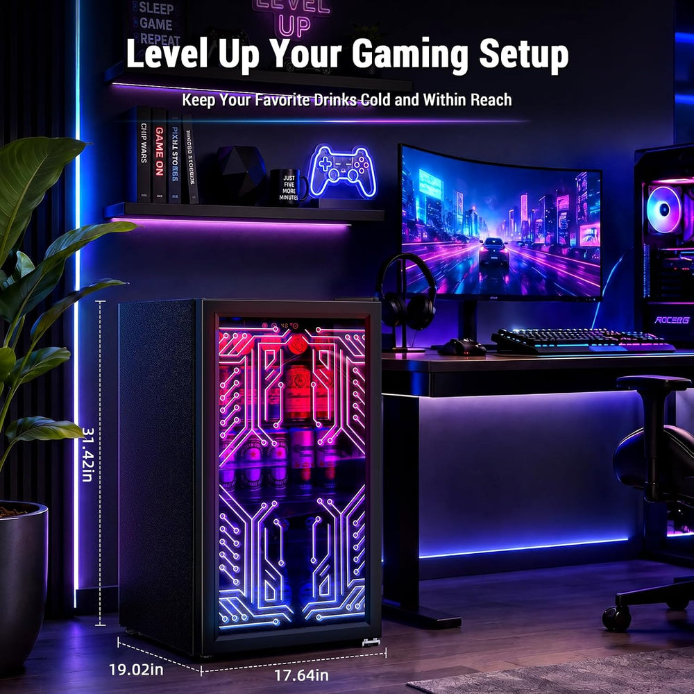 A black gaming PC tower with a glowing multicolor circuit-board style front panel, shown in a styled home office/gaming room setup. The room has a desk, curved monitor, keyboard, chair, shelving, and ambient purple LED lighting.