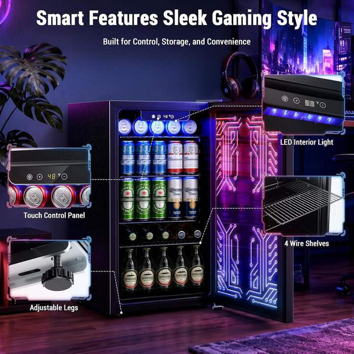 A black smart beverage refrigerator with glowing purple LED circuit-style interior lighting, shown open with beer cans and bottles inside. Callout panels highlight the touch control panel, adjustable legs, 4 wire shelves, and LED interior light.