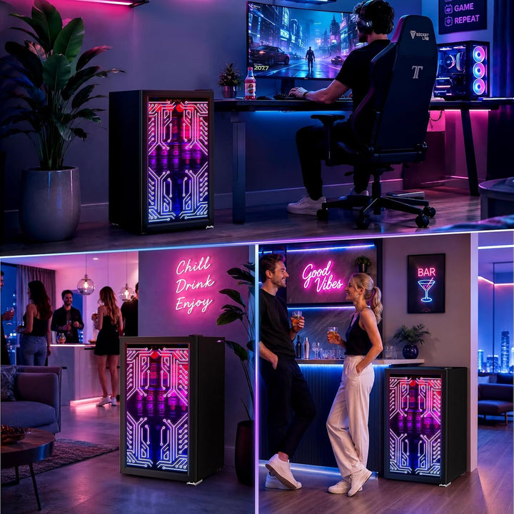 A black under-counter beverage refrigerator with a glowing pink and blue geometric display, shown in multiple lifestyle settings including a home office with a gamer and a bar scene with two people.