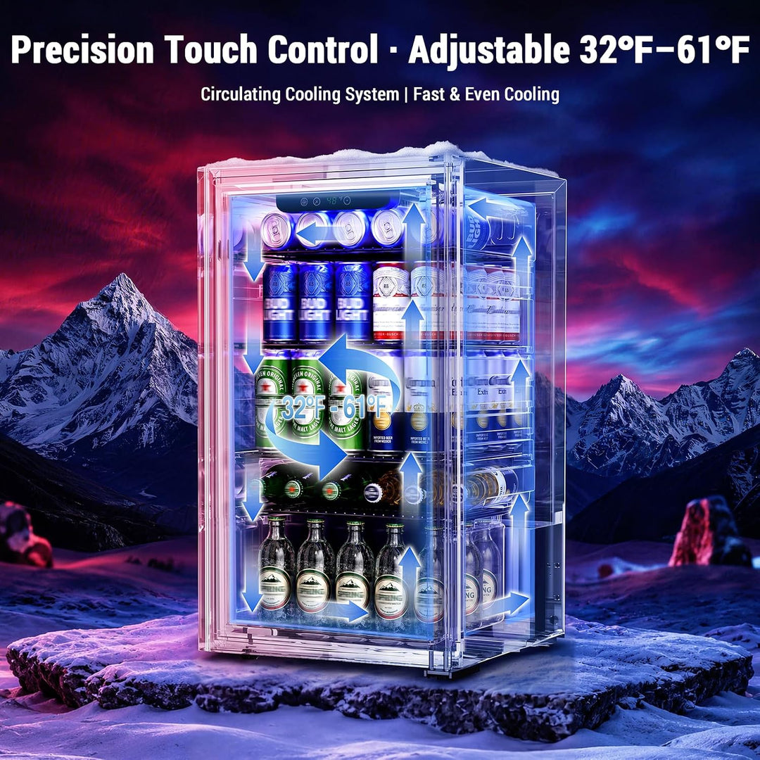 A clear mini beverage refrigerator with illuminated blue cooling arrows and text overlays, shown against a dramatic snowy mountain sunset background. The refrigerator contains canned and bottled drinks and is presented as a product feature graphic rather than a plain studio shot.