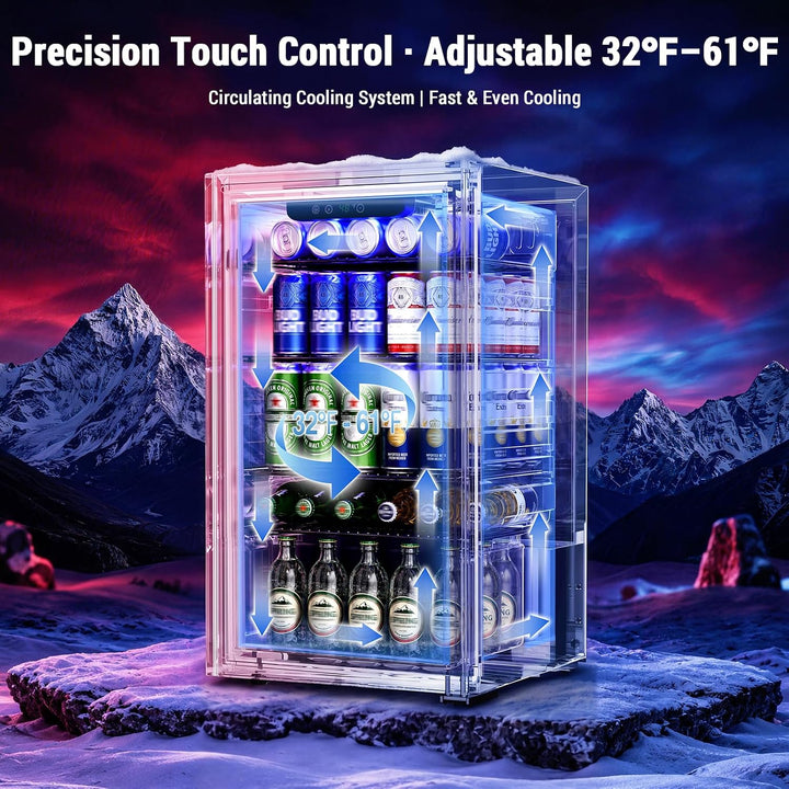 A clear mini beverage refrigerator with illuminated blue cooling arrows and text overlays, shown against a dramatic snowy mountain sunset background. The refrigerator contains canned and bottled drinks and is presented as a product feature graphic rather than a plain studio shot.
