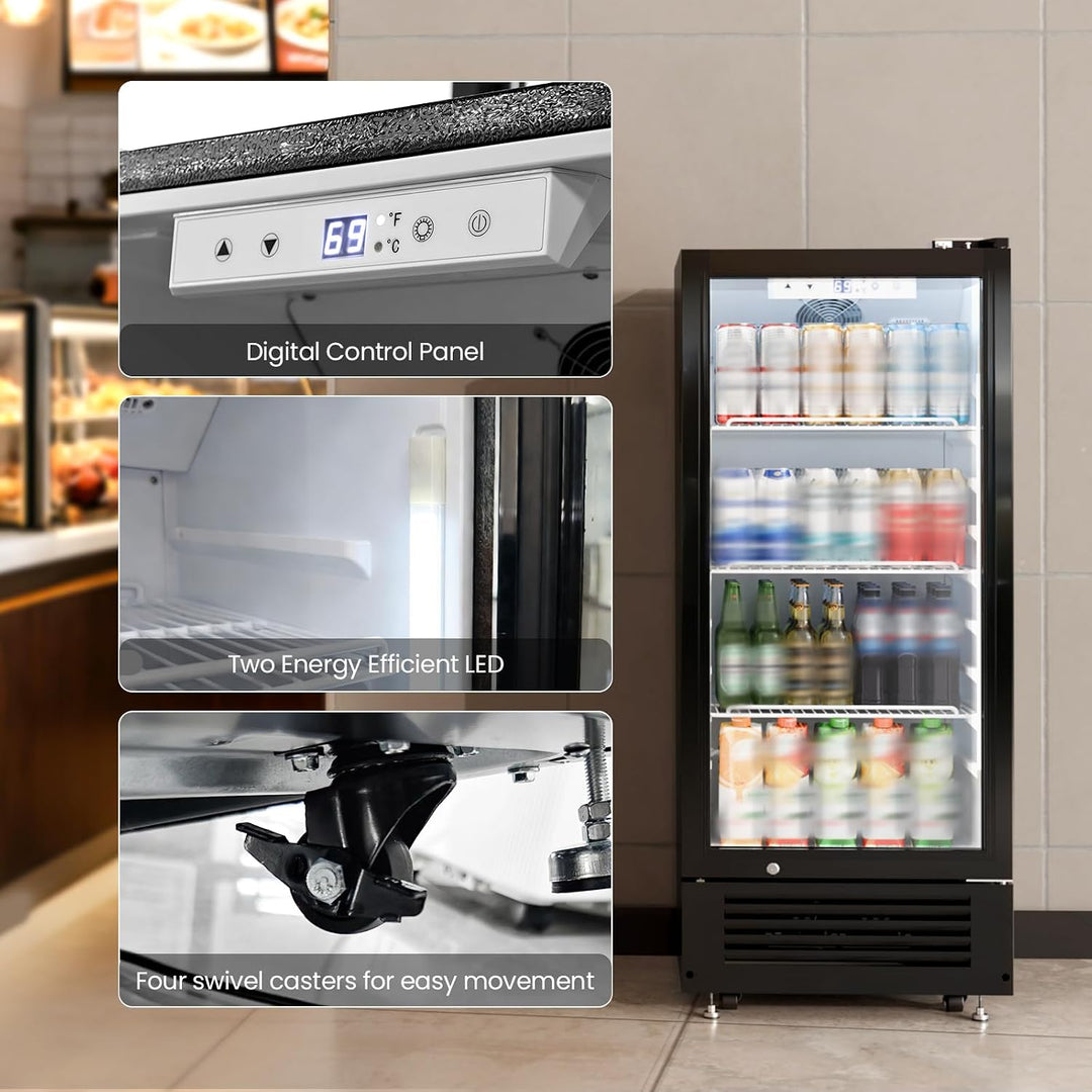 A black single-door commercial refrigerator with a glass door, shown next to three feature inset images highlighting its digital control panel, energy-efficient LED lighting, and swivel caster wheels. The background is a clean, tiled kitchen or bar counter.