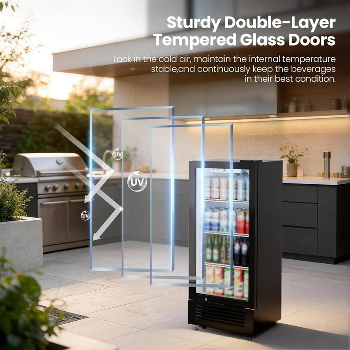 Outdoor kitchen setting with a refrigerator featuring double-layer tempered glass doors.