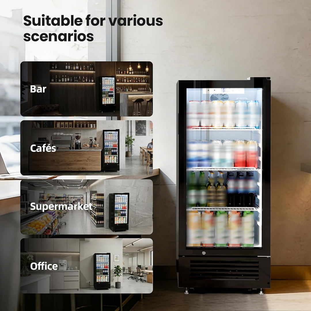 A tall black glass-door refrigerator cooler stands in a modern interior next to a wall, with text reading 'Suitable for various scenarios' and four inset scenes labeled Bar, Cafés, Supermarket, and Office showing similar units in those settings.