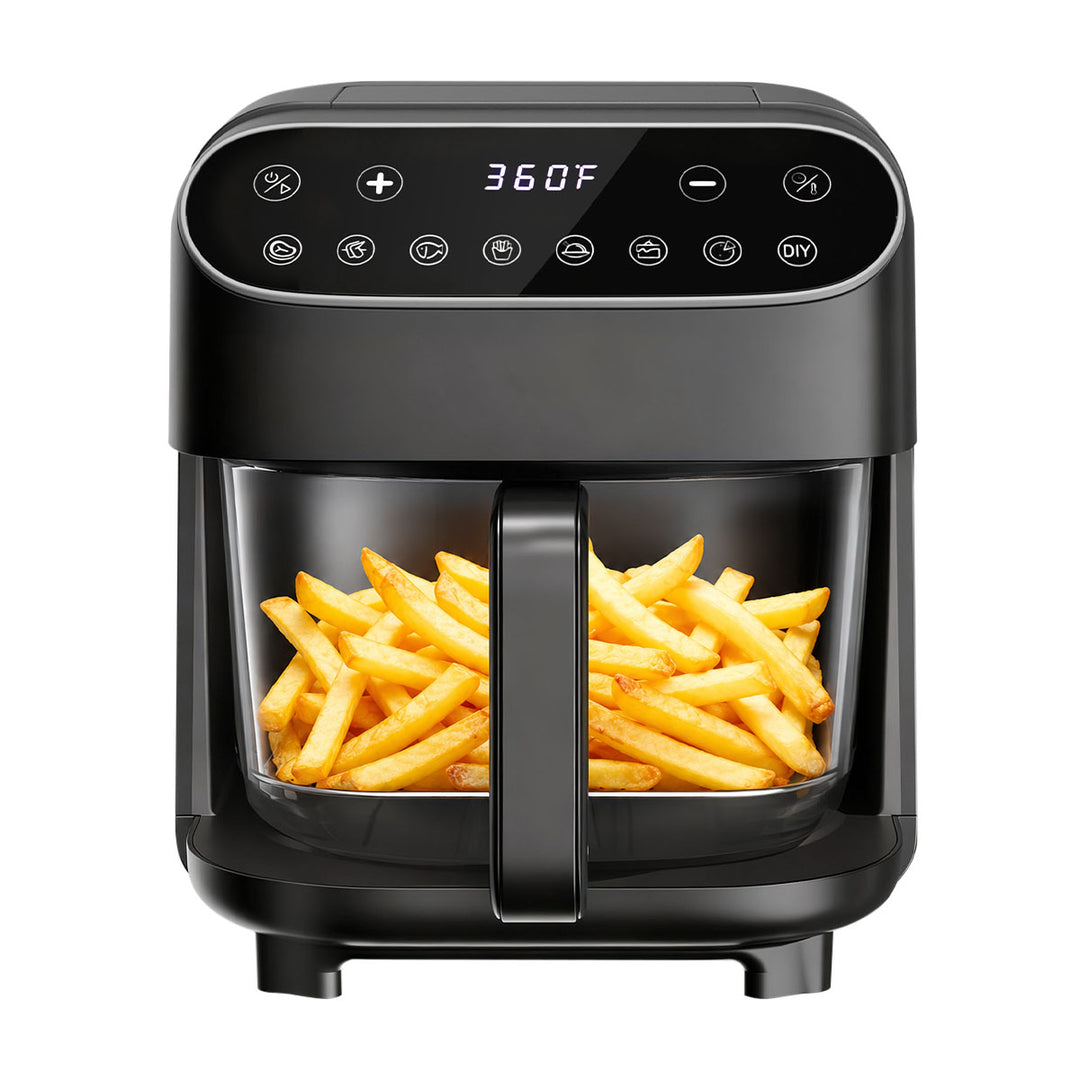 A black air fryer with a digital control panel and a clear window showing golden french fries inside, set against a plain white background.