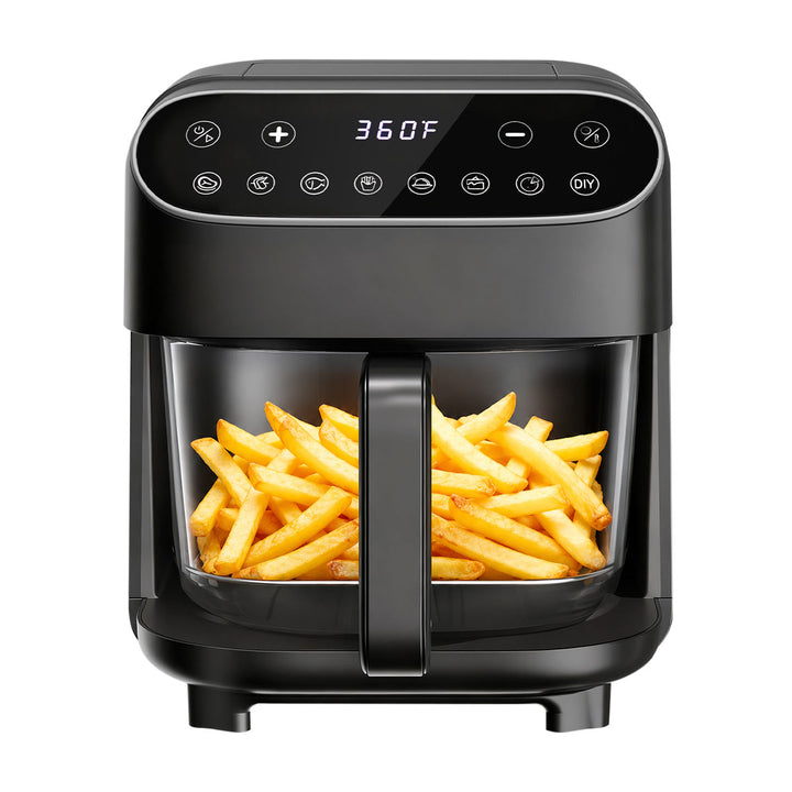 A black air fryer with a digital control panel and a clear window showing golden french fries inside, set against a plain white background.