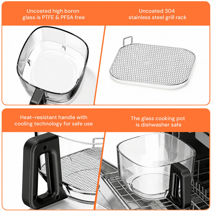 Four-panel product feature graphic showing a clear glass cooking pot with a black handle, a stainless steel grill rack, and text callouts about uncoated high boron glass, 304 stainless steel, heat-resistant handle, and dishwasher-safe pot.