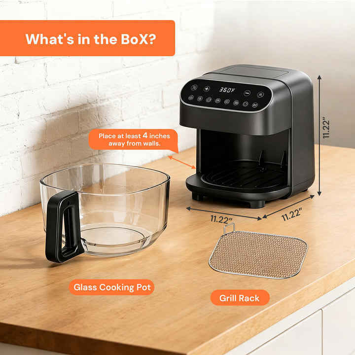 A countertop setup showing a black coffee maker with a glass cooking pot, a metal grill rack, and overlaid dimension labels and orange callout boxes on a wood and white brick background.