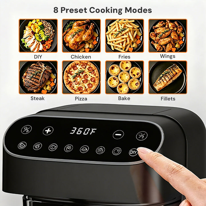Black air fryer with a digital touch control panel and a finger pressing the on button, shown below a graphic of eight preset cooking modes including DIY, Chicken, Fries, Wings, Steak, Pizza, Bake, and Fillets.