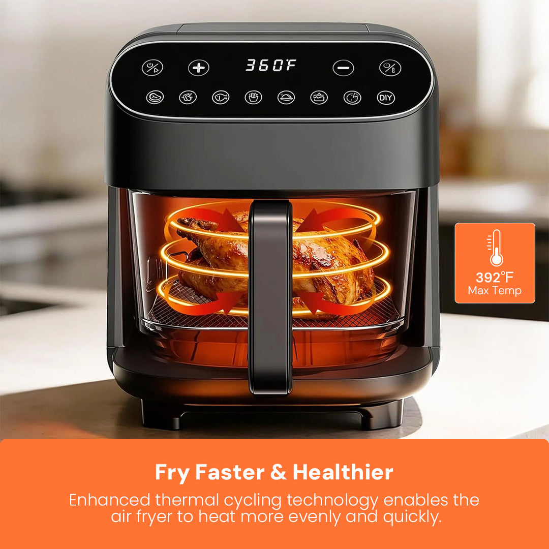 A black air fryer sits on a kitchen counter with food cooking inside, shown with promotional text and a temperature badge. No person or animal is present, so this is Product/Packaging rather than Lifestyle.