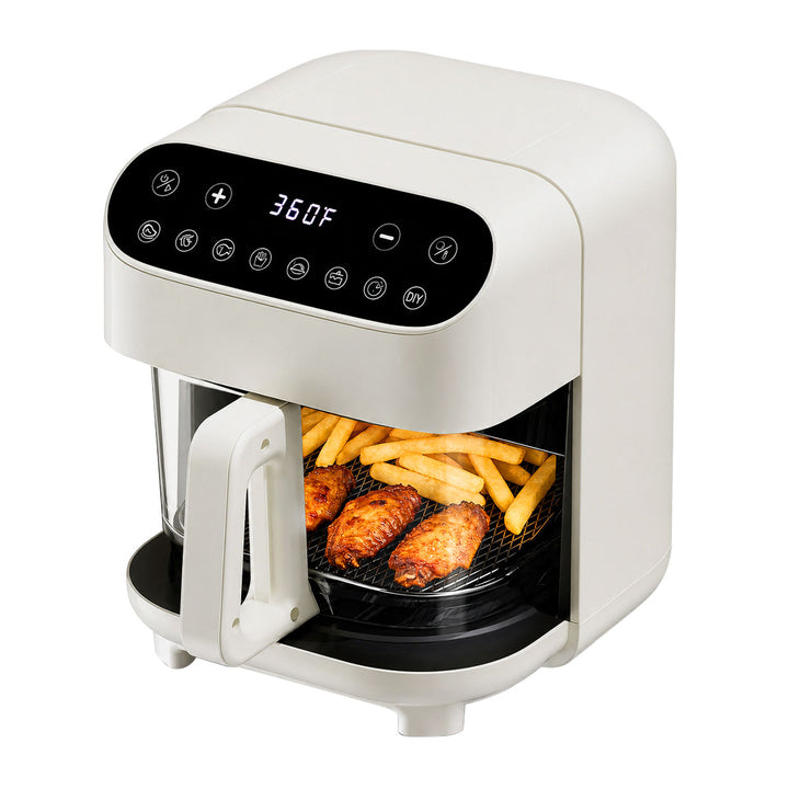 A white countertop air fryer with a black digital control panel and a transparent handle, shown with cooked chicken wings and french fries in the basket against a plain white background.