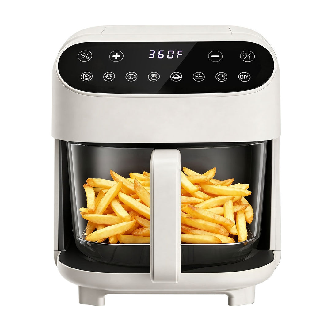 A white countertop air fryer with a black digital control panel and a clear basket filled with golden french fries, shown on a plain white background.