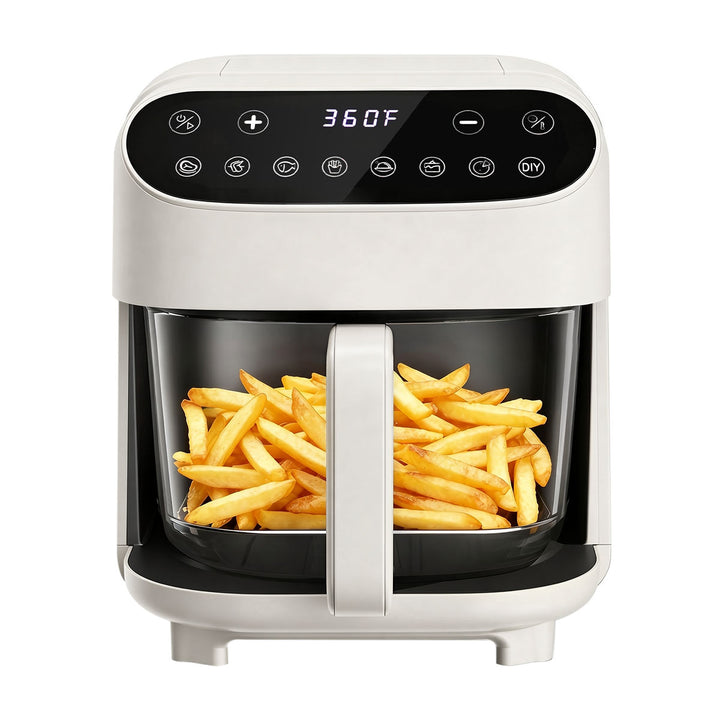 A white countertop air fryer with a black digital control panel and a clear basket filled with golden french fries, shown on a plain white background.