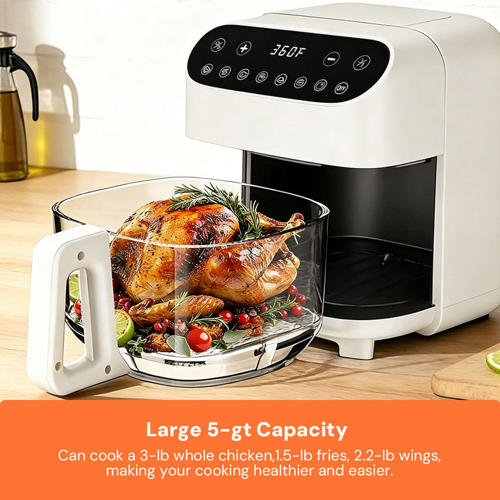 A white countertop air fryer with a black digital control panel and a clear basket filled with golden french fries, shown on a plain white background.