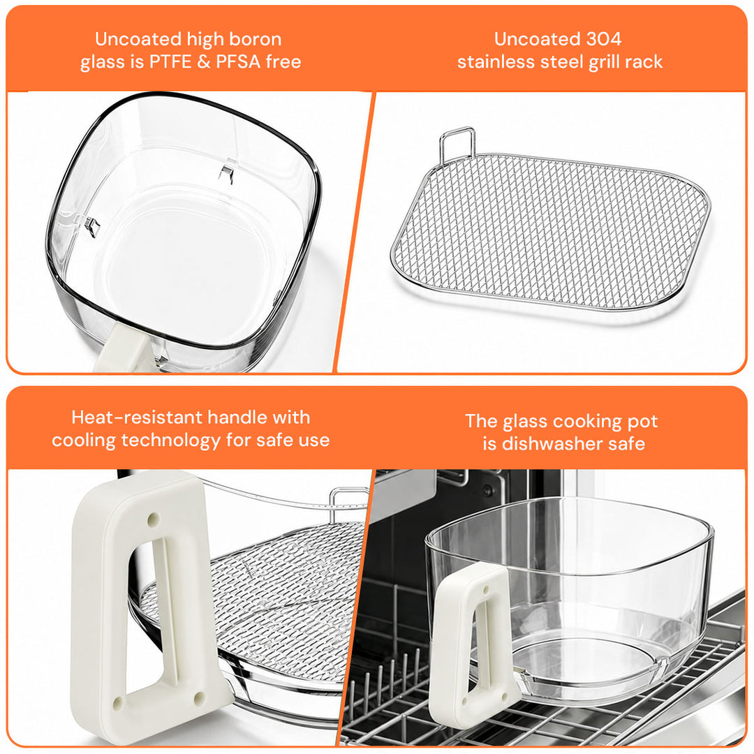 A four-panel product feature collage showing a clear glass cooking pot with a white handle, a stainless steel grill rack, and text callouts about uncoated high boron glass, 304 stainless steel, heat-resistant handle, and dishwasher-safe pot.