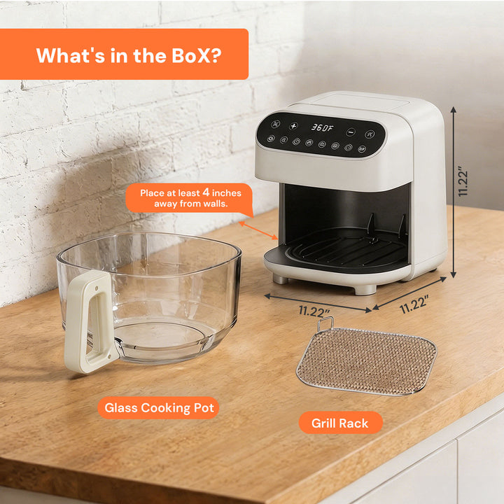 An 8-quart white countertop food warmer or steamer shown on a wooden kitchen counter with dimension callouts and labels for the glass cooking pot and grill rack. Orange text boxes read 'What's in the Box?' and include placement notes.