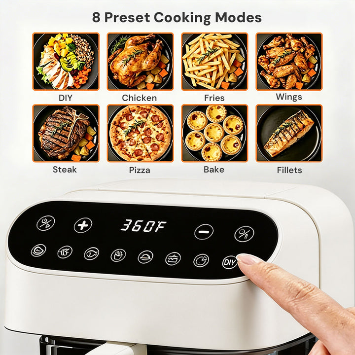 A white countertop air fryer with a black digital control panel and a finger pressing the power button, shown below a graphic of eight preset cooking modes including DIY, Chicken, Fries, Wings, Steak, Pizza, Bake, and Fillets.