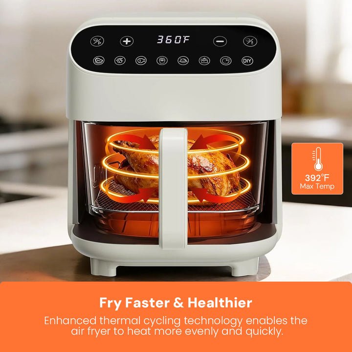 A white air fryer with a digital control panel and a glass window showing golden fried food inside, set against a blurred kitchen background. An orange badge on the right reads '392°F Max Temp' and text at the bottom says 'Fry Faster & Healthier' with additional feature copy.