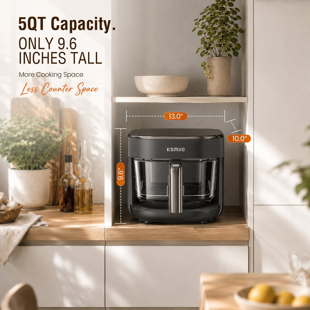 A countertop air fryer in dark gray is shown in a styled kitchen setting with overlaid dimension callouts and text stating 5QT Capacity and only 9.7 inches tall.