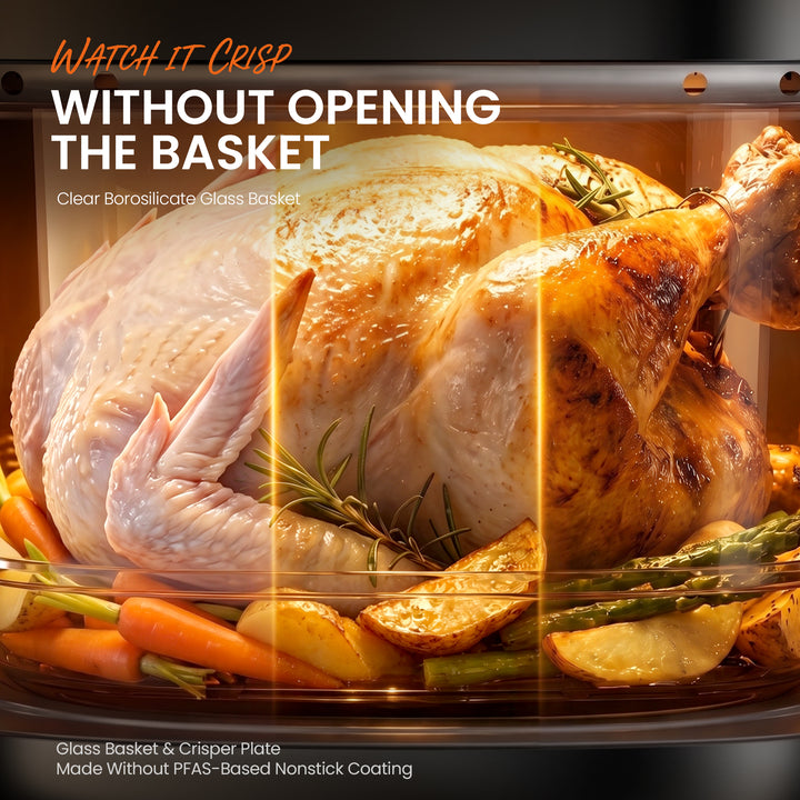 A roasted whole turkey with potatoes, carrots, and asparagus inside an oven, with large overlaid text reading 'WATCH IT CRISP WITHOUT OPENING THE BASKET' and smaller text about a clear borosilicate glass basket and crisp plate coating.