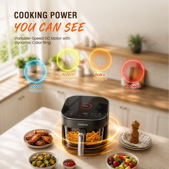 An air fryer sits on a kitchen counter with food items around it, under promotional text and graphic overlays explaining cooking modes and dynamic color ring technology.