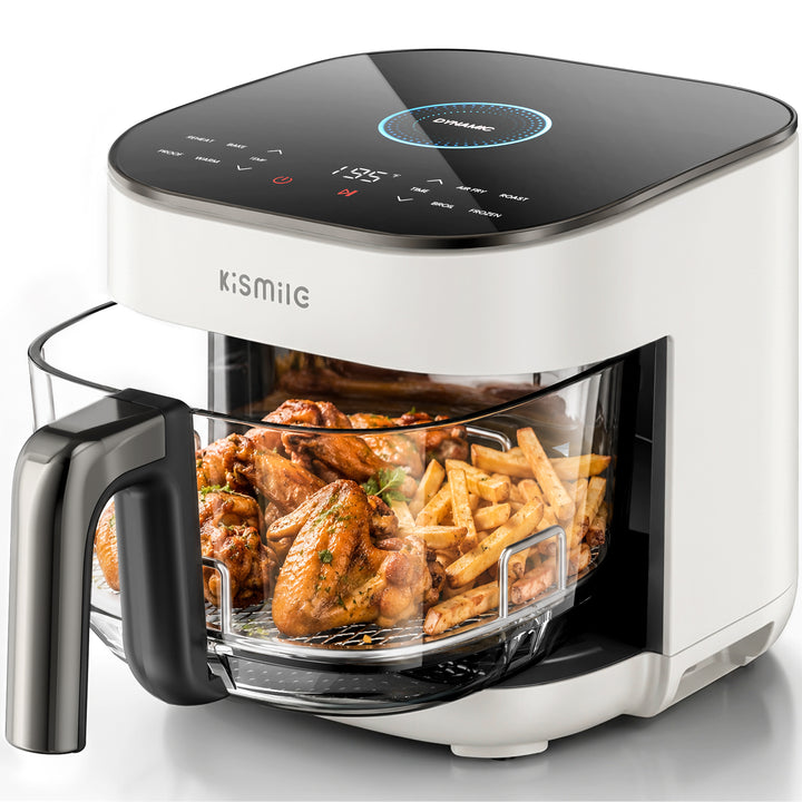 A Kismile air fryer in white and black, shown with a glass basket filled with cooked chicken wings and french fries. The digital control panel is visible on top, and the brand name 'Kismile' is printed on the front.