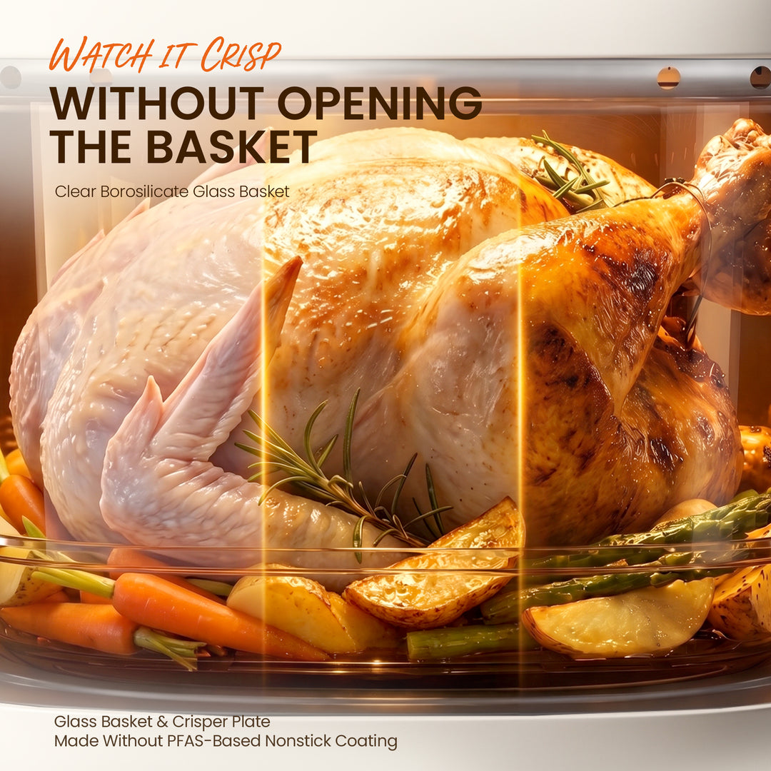 A clear glass roasting basket containing a roasted turkey with potatoes, carrots, and asparagus inside an oven. Large text at the top reads 'WATCH IT CRISP WITHOUT OPENING THE BASKET' and the bottom text says 'Glass Basket & Crispin Plate Made Without PFAS-Based Nonstick Coating.