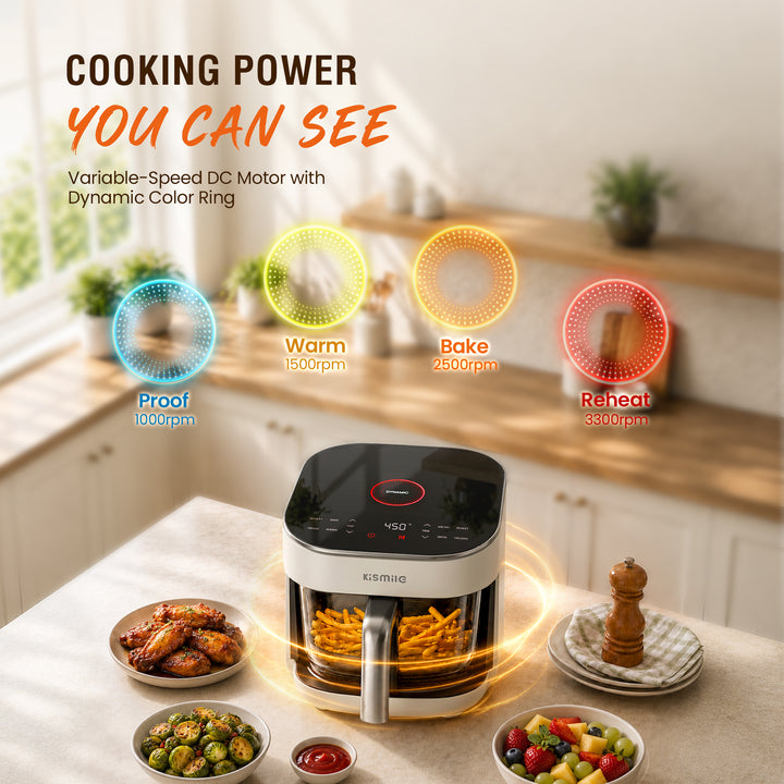 An air fryer sits on a kitchen counter with food dishes around it, under marketing text that says 'Cooking Power You Can See' and feature callouts for proof, warm, bake, and reheat modes.