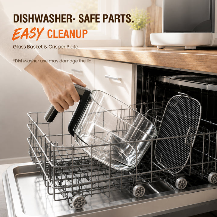 A hand inserts a clear glass dishwasher-safe bowl into the upper rack of a stainless steel dishwasher inside a kitchen. Text on the image highlights dishwasher-safe parts and easy cleanup.