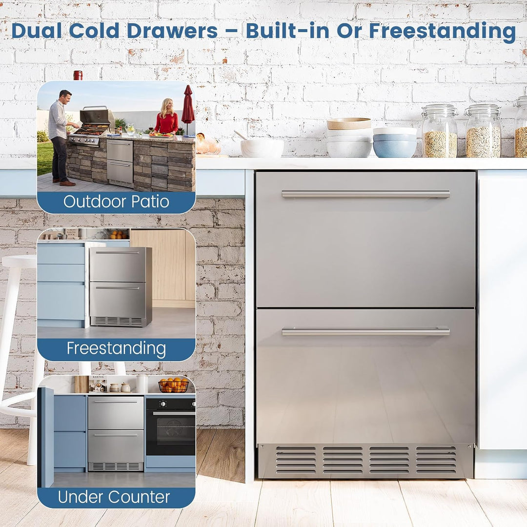 A stainless steel dual cold drawer undercounter refrigerator shown in a bright kitchen setting, with inset callouts showing outdoor patio, freestanding, and under counter installation options.