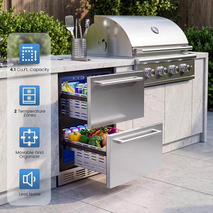 A stainless steel outdoor kitchen island with a built-in gas grill and a lower refrigerator drawer shown open, containing fresh vegetables and drinks. The image includes feature callout overlays on the left describing capacity, temperature zones, movable grid organizer, and noise level.