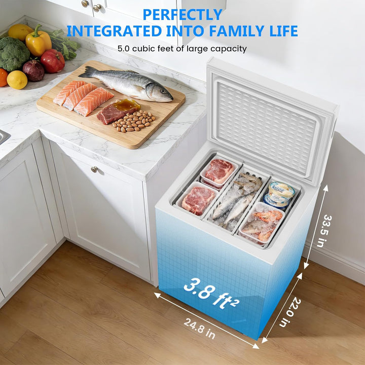 Small freezer integrated into a kitchen counter with food items on display, showing dimensions.