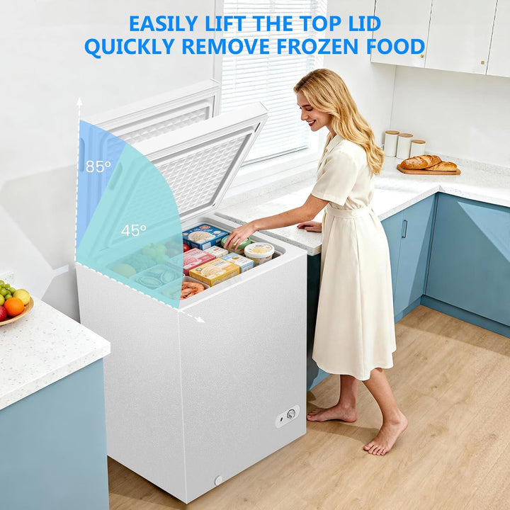 Woman opening a freezer with text indicating ease of use