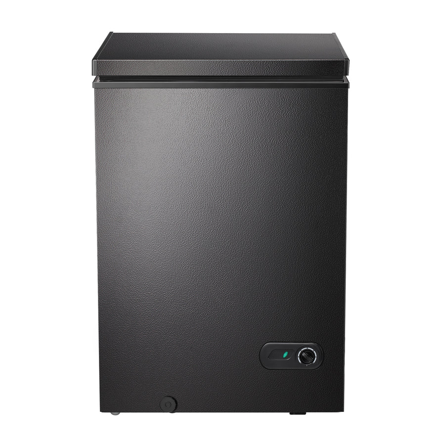 A black mini top-freezer refrigerator with a textured finish, shown from a front-facing perspective against a solid white background.