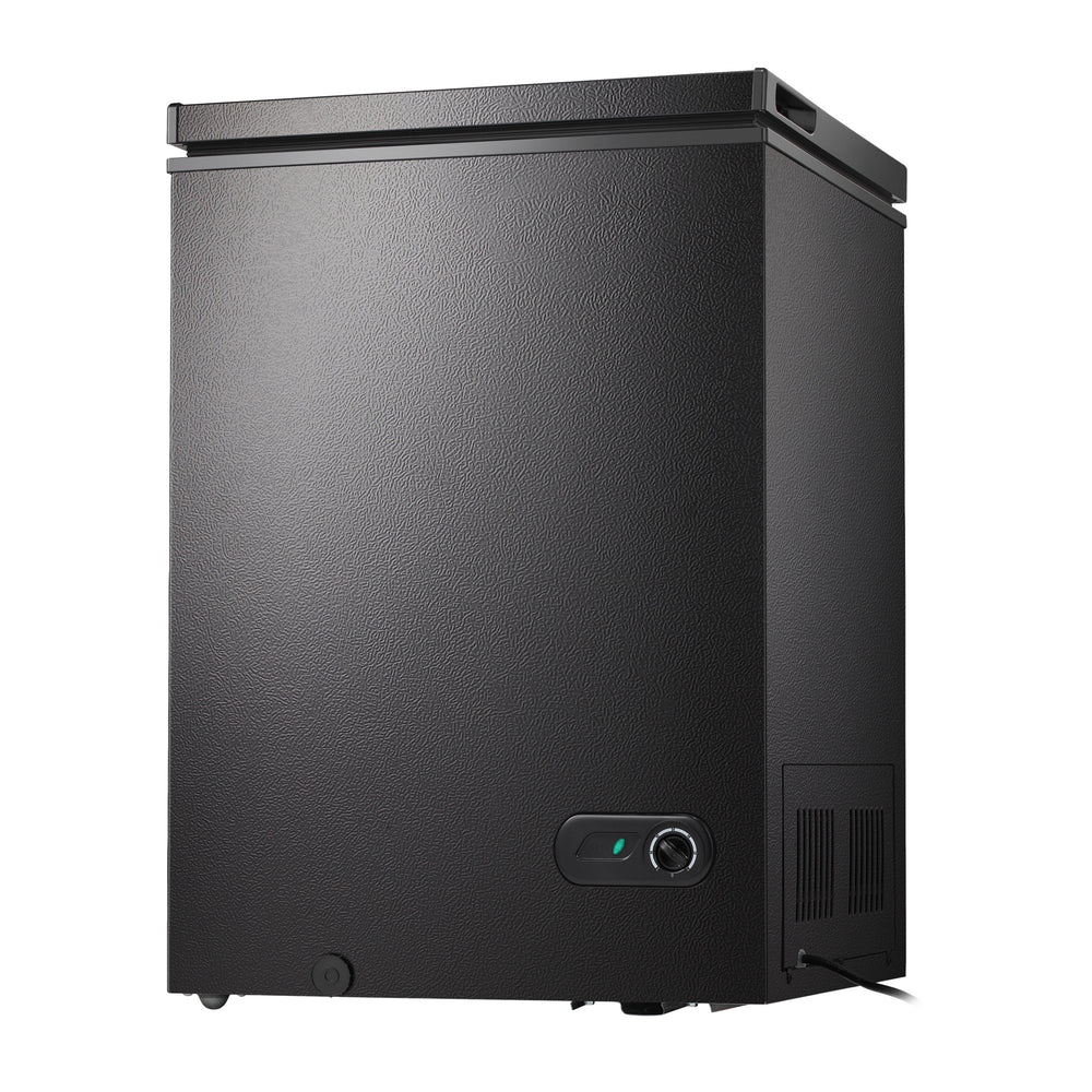 A black top-freezer chest freezer with a textured finish, shown from a three-quarter angle on a white background.