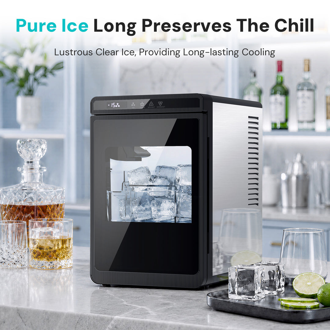 A countertop ice preservation machine with a black glass-front door and silver side panel, shown in a bright kitchen/bar setting with ice cubes inside. Text at the top reads 'Pure Ice Long Preserves The Chill' with supporting copy about clear ice and long-lasting cooling.