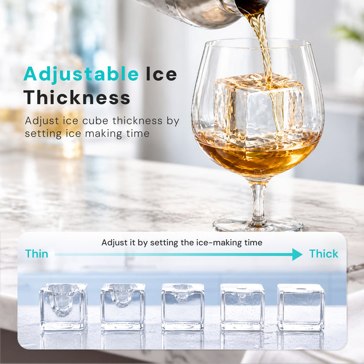 An adjustable ice cube thickness device shown with a glass of amber liquid and text explaining that ice cube thickness can be adjusted by setting the ice-making time. A lower panel shows five clear ice cubes of increasing thickness ranging from thin to thick.