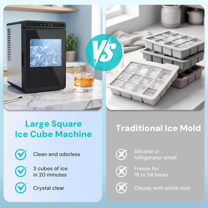 A promotional comparison graphic for a large square ice cube machine versus traditional ice molds. The left side shows a black and stainless steel ice cube machine on a countertop with a glass of amber liquid, plus text calling out clean odorless operation, 3 cubes of ice in 20 minutes, and crystal clear results.