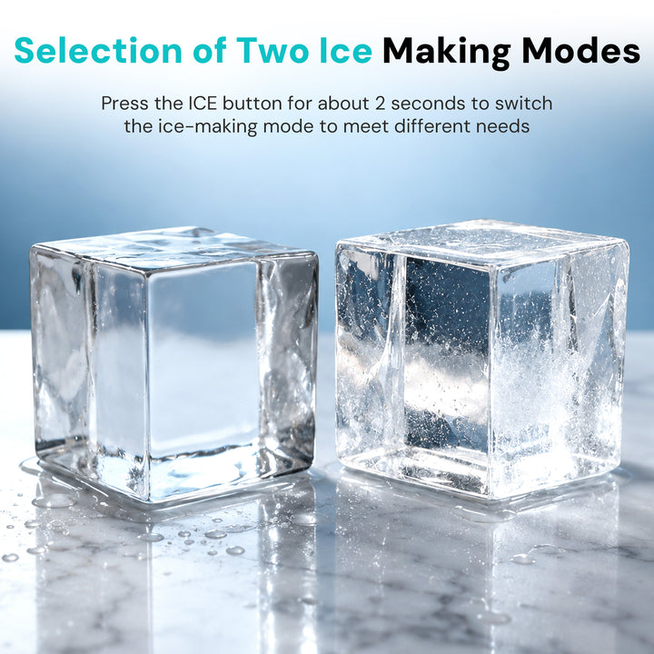 Two clear ice cubes on a reflective marble-like surface against a soft blue gradient background, with text reading 'Selection of Two Ice Making Modes' and a smaller instruction about pressing the ICE button.