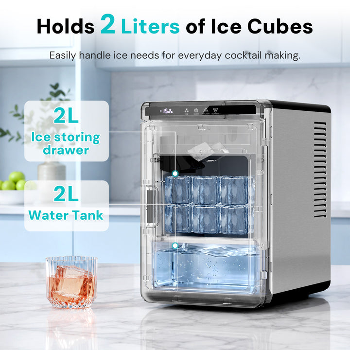 A 2-liter ice cube maker and water tank on a marble countertop in a kitchen setting, with text overlays highlighting its 2-liter ice storage drawer and 2-liter water tank. A glass with ice cubes is shown on the left.