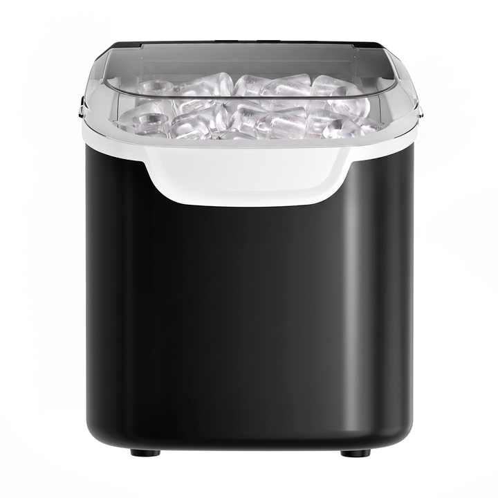 A countertop ice maker machine with a matte black body, a white handle, and a clear plastic lid showing ice cubes inside, isolated on a white background.