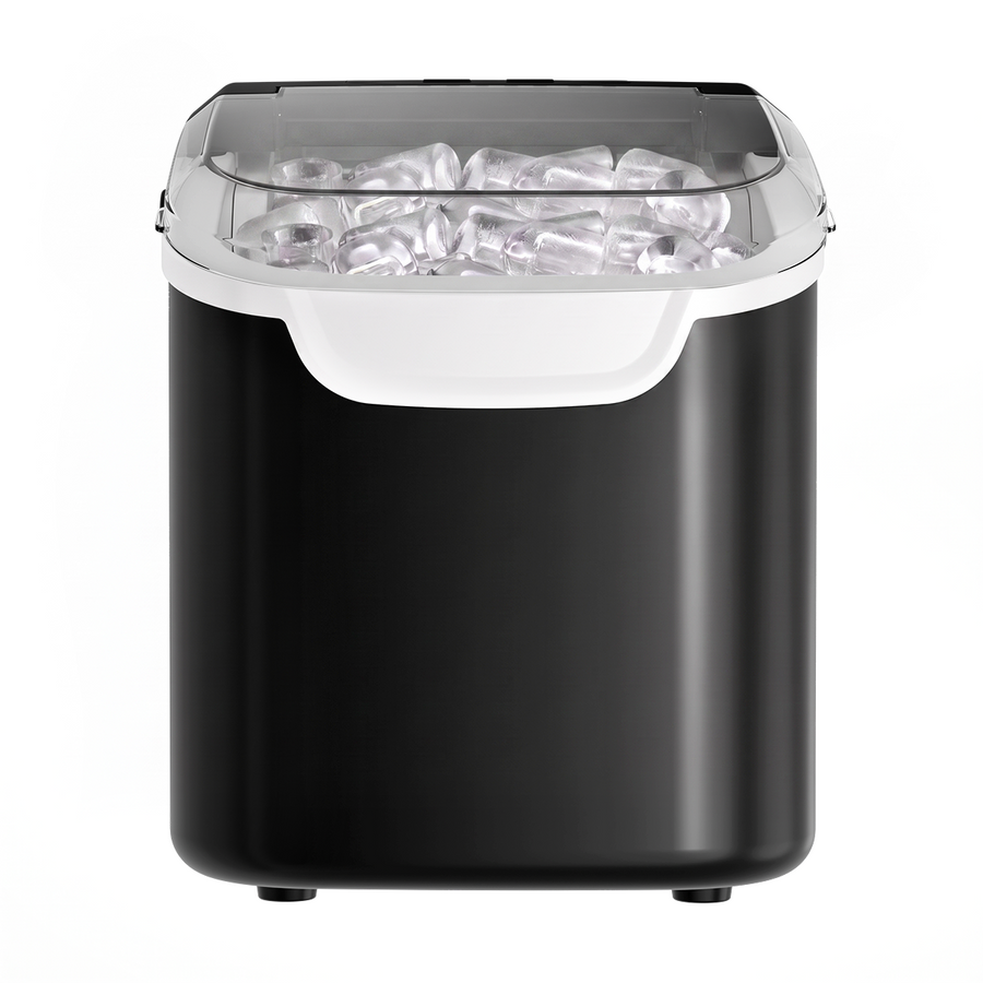 A countertop ice maker machine with a matte black body, a white handle, and a clear plastic lid showing ice cubes inside, isolated on a white background.