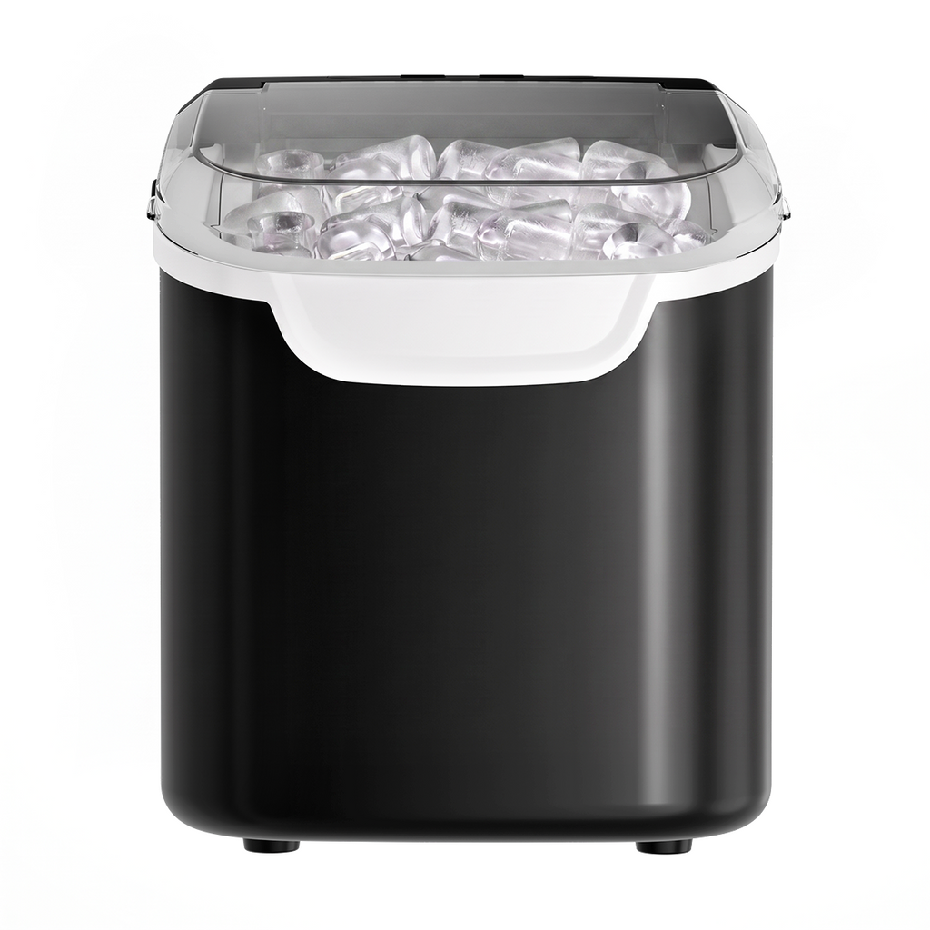 A countertop ice maker machine with a matte black body, a white handle, and a clear plastic lid showing ice cubes inside, isolated on a white background.