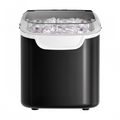 A countertop ice maker machine with a matte black body, a white handle, and a clear plastic lid showing ice cubes inside, isolated on a white background.
