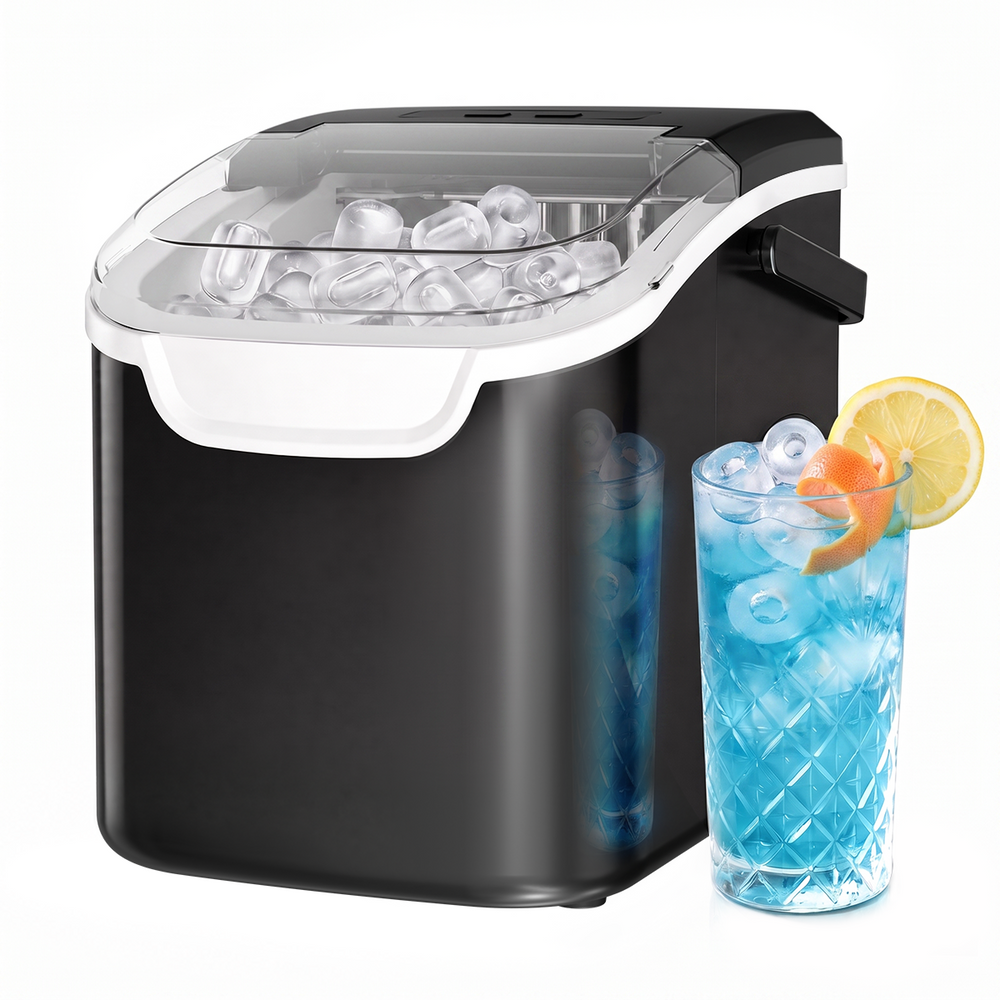 A black and white countertop ice maker shown with clear ice inside a transparent lid, alongside a tall glass of blue iced drink with a lemon slice and orange wedge on a white background.