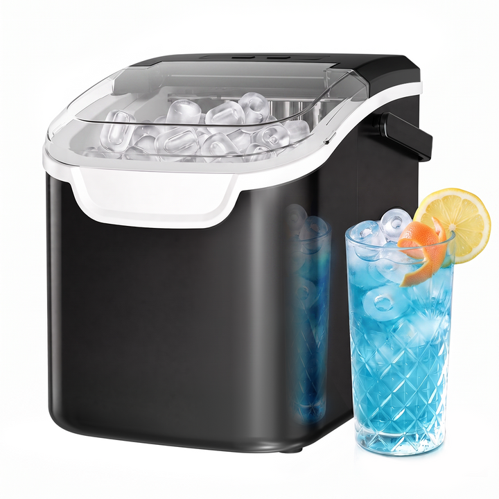 A black and white countertop ice maker shown with clear ice inside a transparent lid, alongside a tall glass of blue iced drink with a lemon slice and orange wedge on a white background.